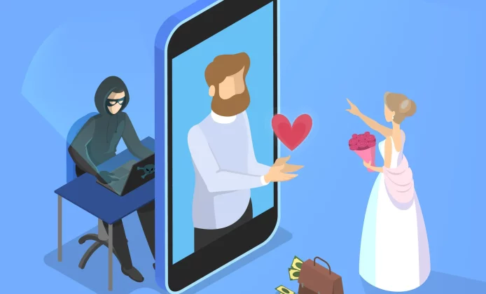 Online dating app concept. Virtual relationship and love. Couple communication through network on the smartphone. Perfect match. Hacker on website, personal data in danger. Flat vector illustration