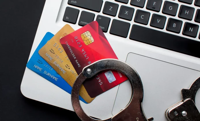 top-view-laptop-with-credit-cards-handcuffs